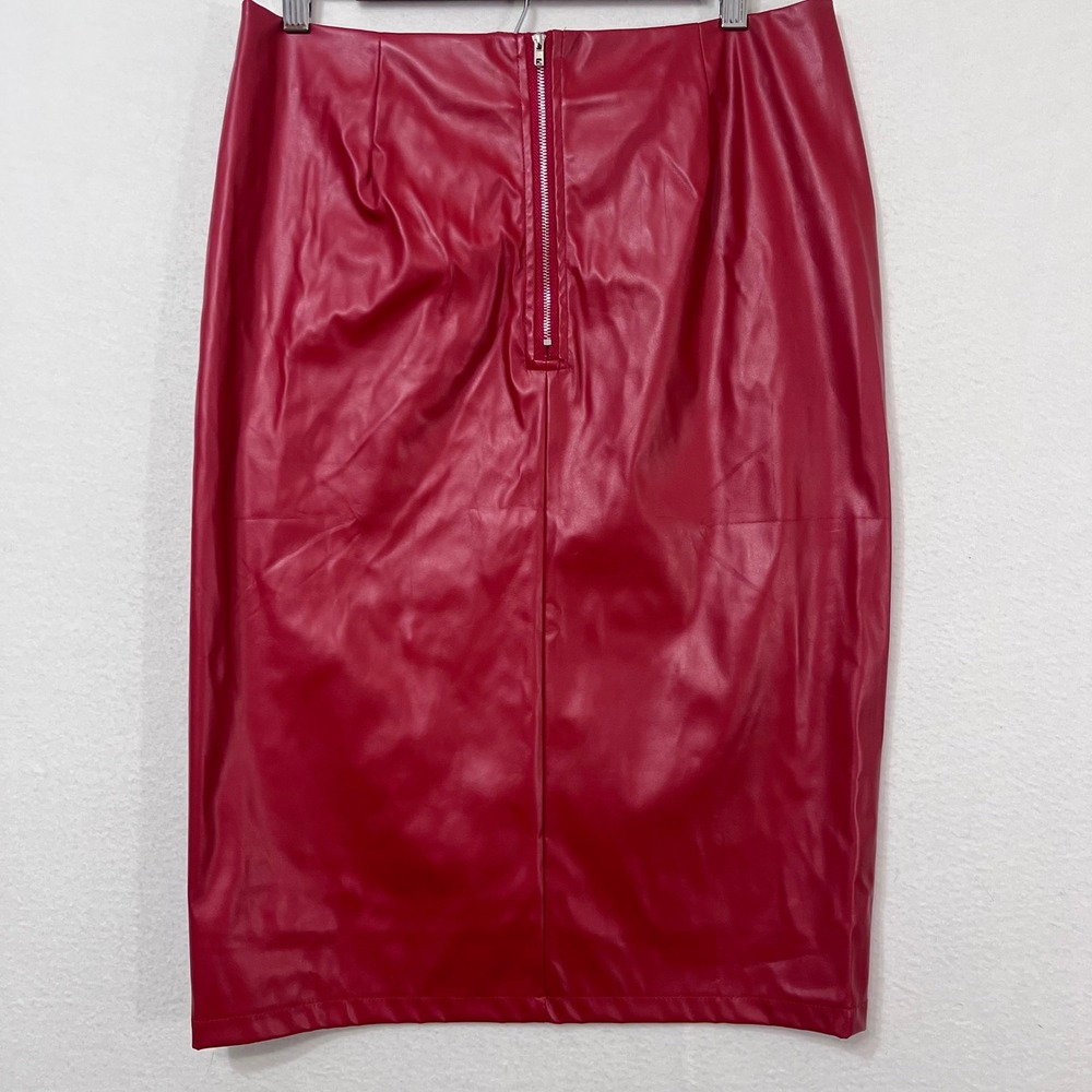 Festive Chic Red Faux Leather Pencil Skirt Midi Length Back Zip Women's Sz S/M - Picture 5 of 9